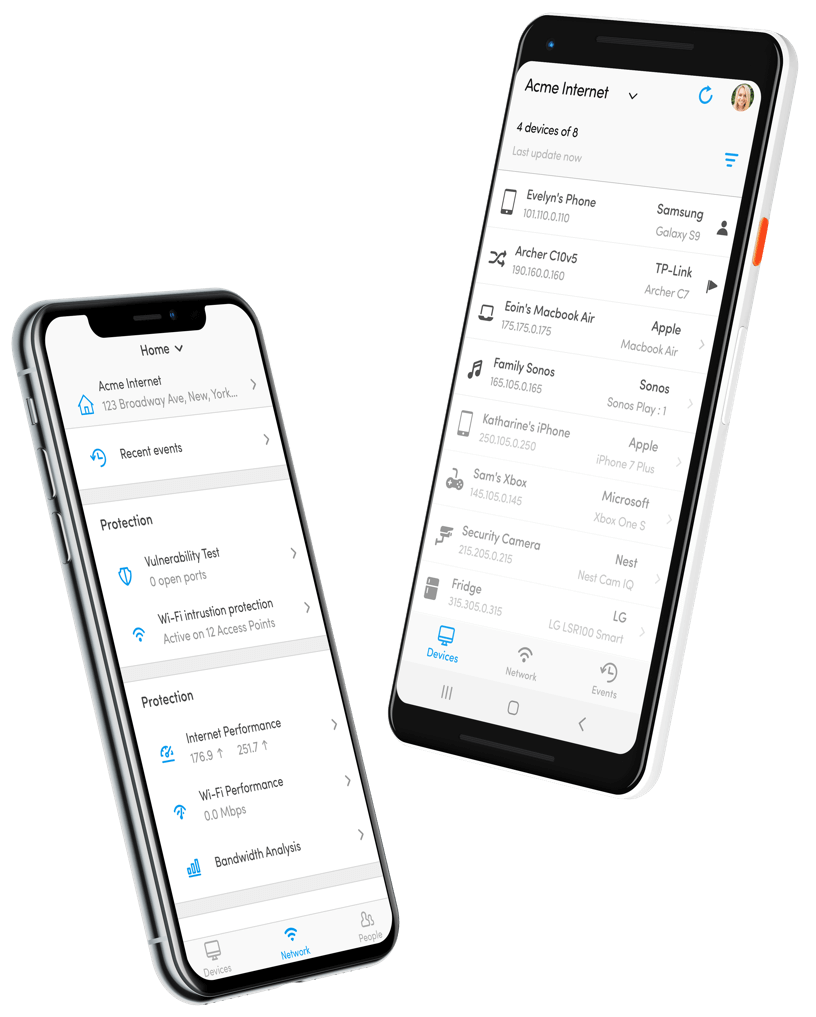 Two black smartphones displaying our Apps